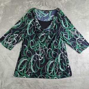 Maggie‎ Barnes Top Womens Green Black Geometric Boat Neck 3/4 Sleeve Blouse